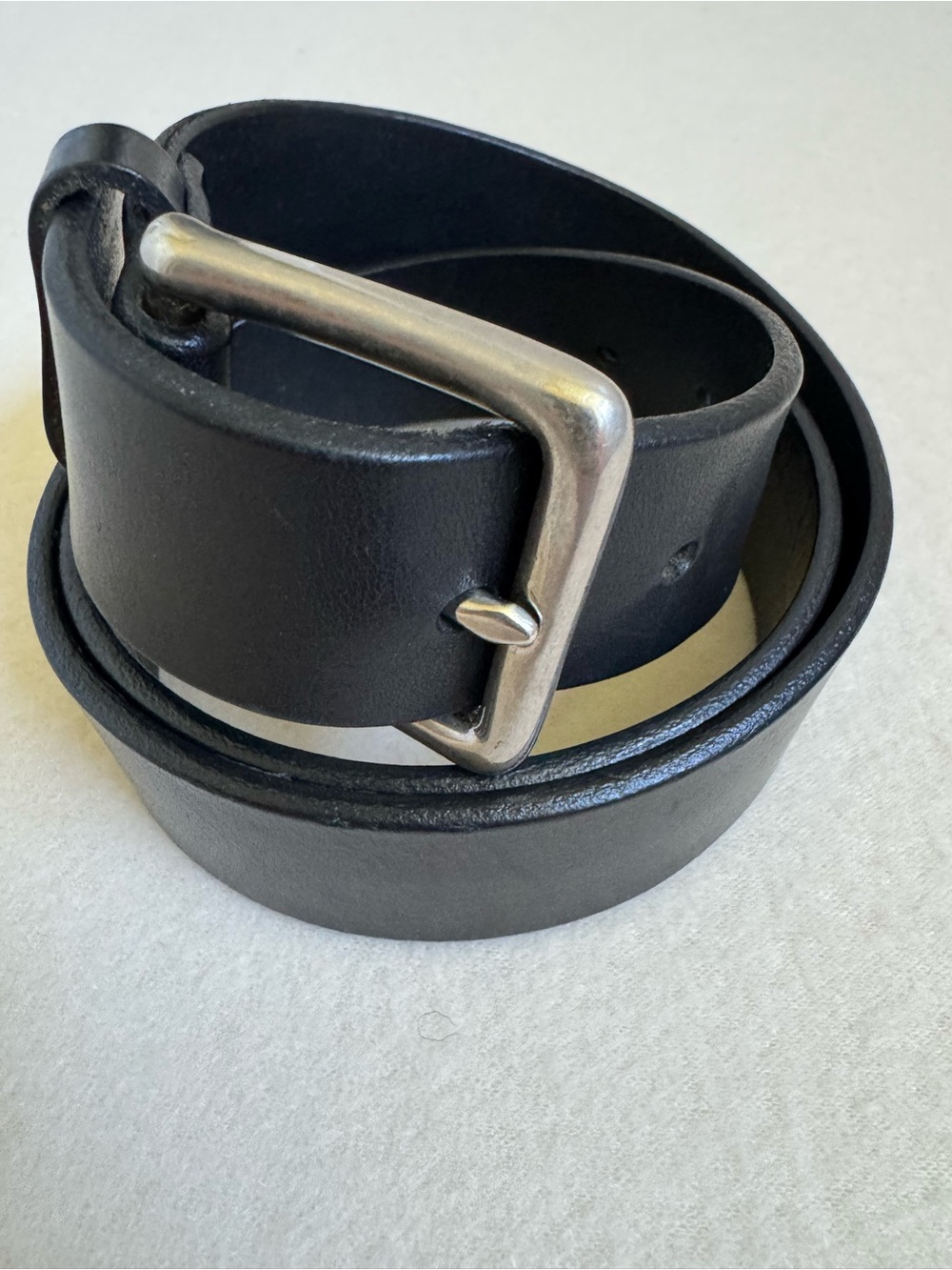 L.L. Bean Black Leather Belt Solid Brass Silver Tone Buckle Made in USA Size 34